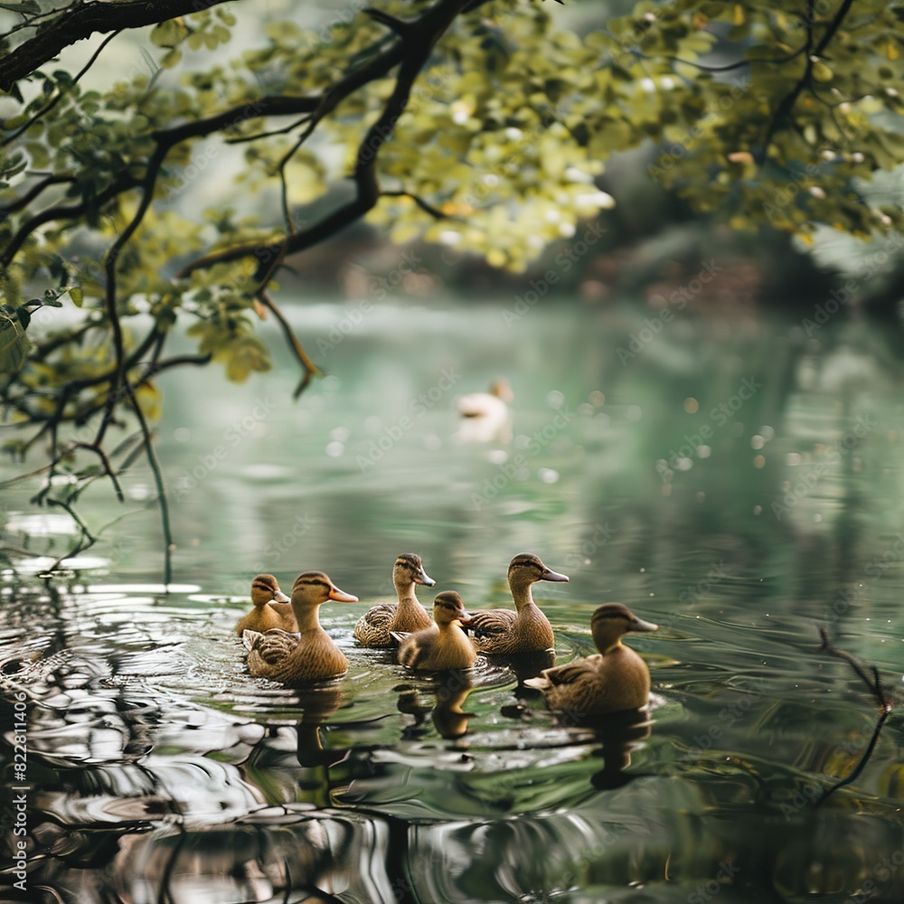 Fototapeta premium Fathers day card mockup, A family of ducks swims in a serene pond, sunlight filtering through the leaves above.