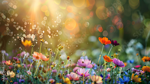 Vibrant wildflowers with dewdrops in a sunlit bokeh background