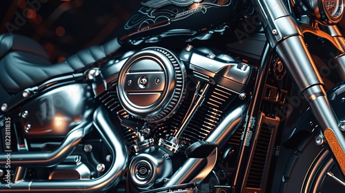 Fathers day card mockup, Close-up of a shiny chrome motorcycle engine. The intricate details and powerful presence are highlighted against a dark background.