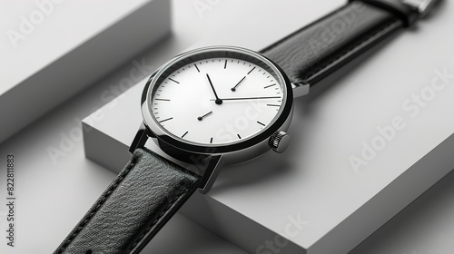 Fathers day card mockup, Minimalist wristwatch with black leather strap, on white background.