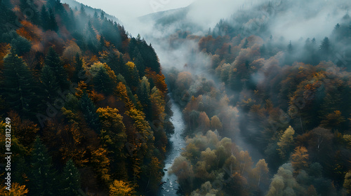 Misty autumn forest from above