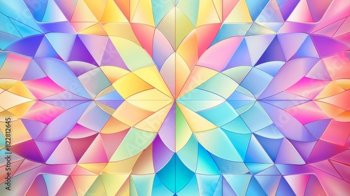 Abstract kaleidoscopic geometric pattern in soft pastel hues.