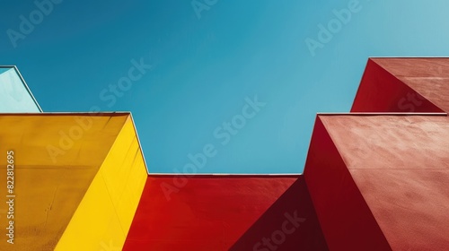 Minimalist colorful architecture with a blue sky background  red and yellow walls  and simple geometric shapes