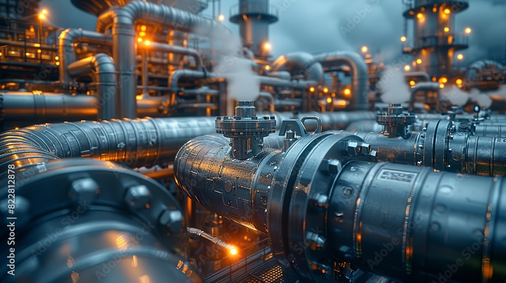 Industrial Background, Close-up of a network of pipes in an industrial plant, with steam rising and valves prominently displayed, showcasing the intricate engineering. Illustration image, Industrial Background, Close-up of a network of pipes in an industrial plant, with steam rising and valves prominently displayed, showcasing the intricate engineering. Illustration image,