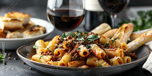 Savoring Hearty Rigatoni with Bolognese, Rustic Breadsticks, and Red Wine in a Cozy Ambiance. Concept Italian Cuisine, Cozy Dining, Rustic Ambiance, Hearty Meal, Food Pairing
