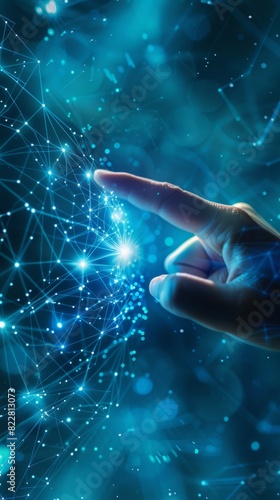 Digital technology  internet network connection concept. Finger touching on virtual screen with futuristic technology background  data exchange  digital transformation