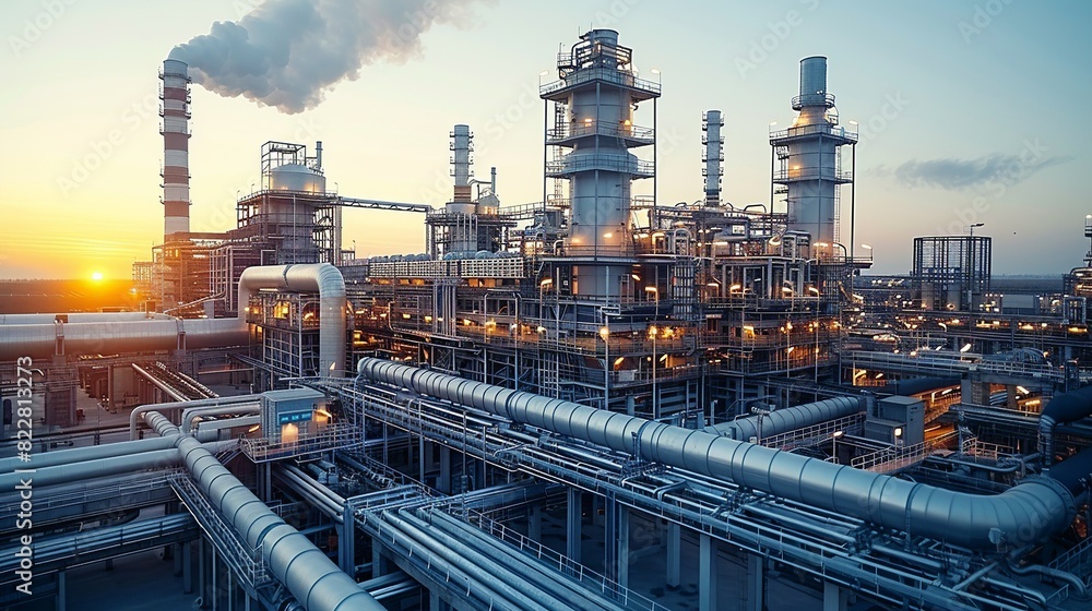 Industrial Background, Exterior view of a factory with a tangle of pipes and ducts, against a backdrop of industrial buildings and smokestacks. Illustration image,