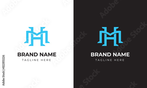 monogram m h mh hm initial, blue square logo template for gym man sport technology strong guard