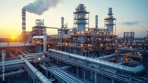 Industrial Background, Exterior view of a factory with a tangle of pipes and ducts, against a backdrop of industrial buildings and smokestacks. Illustration image, photo