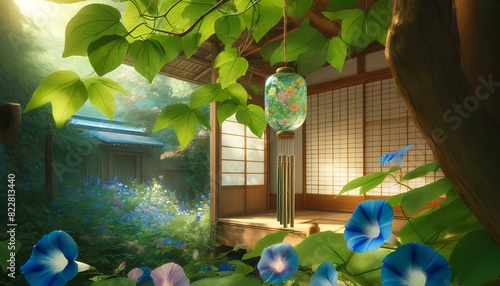 朝顔の花と風鈴、イラスト｜Morning glory flowers and wind chimes, Japanese landscape, illustration.