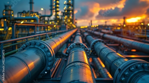 Industrial Background, Industrial factory pipes with a background of machinery and equipment, captured during the golden hour to highlight the warm tones of the setting sun. Illustration image,