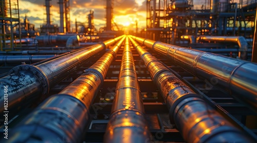 Industrial Background, Industrial factory pipes with a background of machinery and equipment, captured during the golden hour to highlight the warm tones of the setting sun. Illustration image,