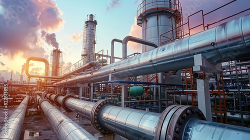 Industrial Background, Industrial pipes with steam and condensation, captured during early morning hours, emphasizing the operational conditions. Illustration image,