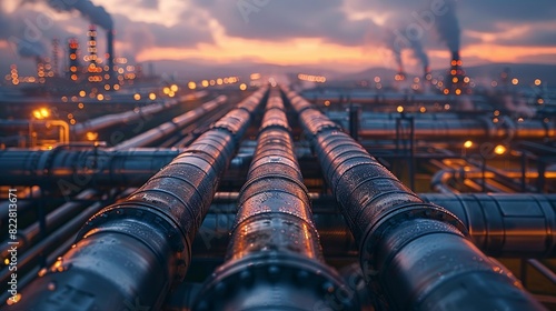 Industrial Background, Industrial pipes with steam and condensation, captured during early morning hours, emphasizing the operational conditions. Illustration image, photo