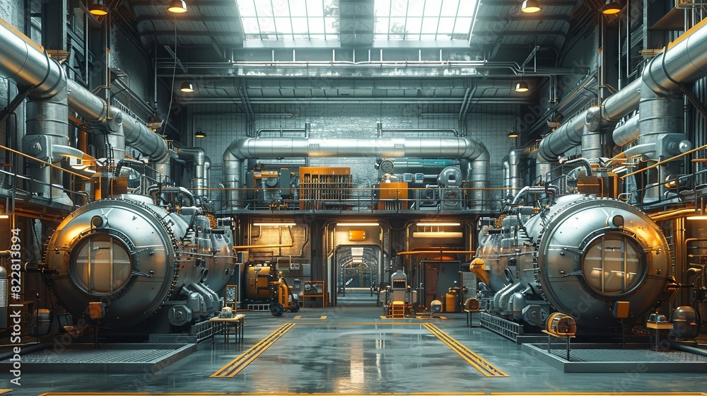 Fototapeta premium Industrial Background, Interior of an industrial factory with a focus on large pipes and machinery, bathed in natural light from skylights above. Illustration image,