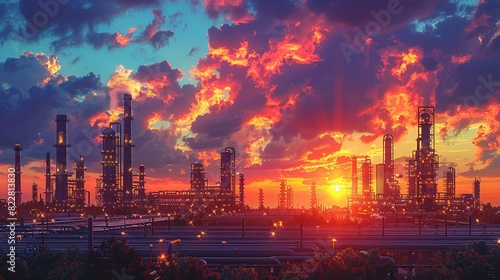 Industrial Background, Industrial plant during sunset, with pipes and structures silhouetted against the colorful sky, creating a dramatic and picturesque scene. Illustration image,