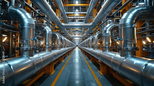 Industrial Background, Interior of a factory with a maze of stainless steel pipes and bright overhead lighting, emphasizing cleanliness and modernity. Illustration image,