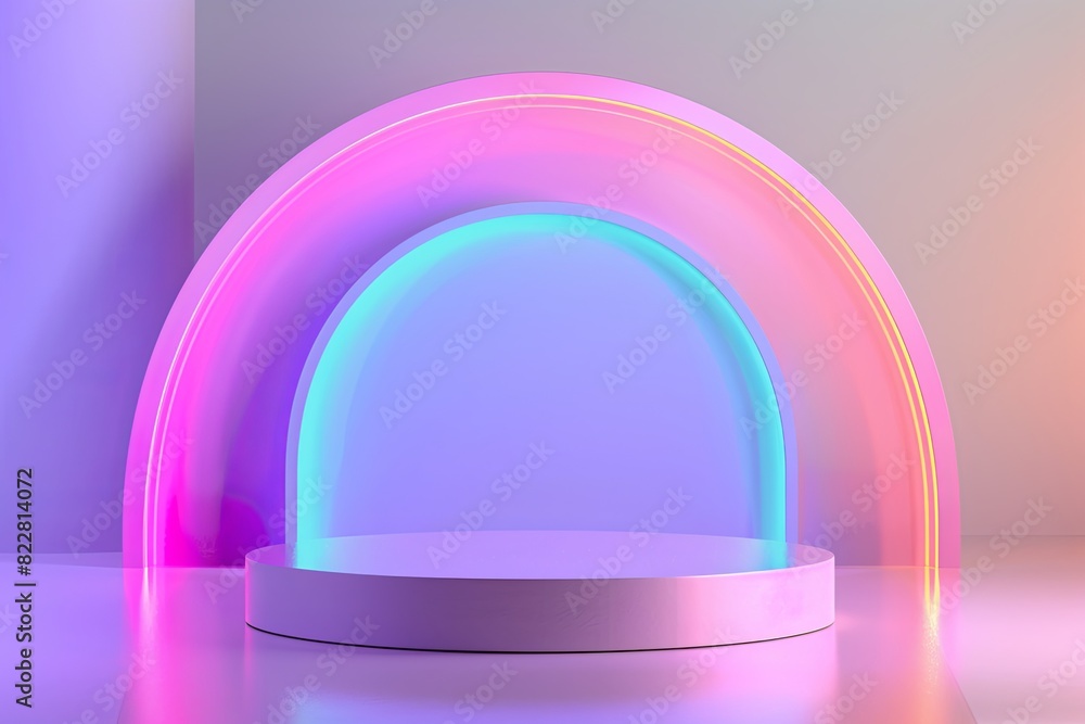 Minimalistic 3D podium with sleek design on rainbow tone background. Modern concept Minimalistic 3D podium with sleek design on rainbow tone background. Modern concept