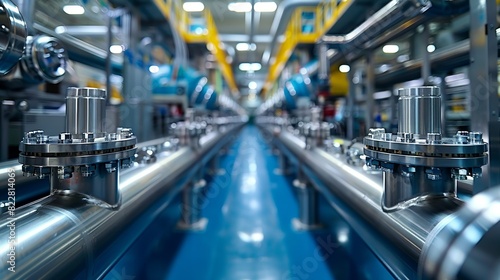 Industrial Background, Interior view of a chemical plant with pipes running along the walls and ceiling, showcasing the organized complexity of the facility. Illustration image,