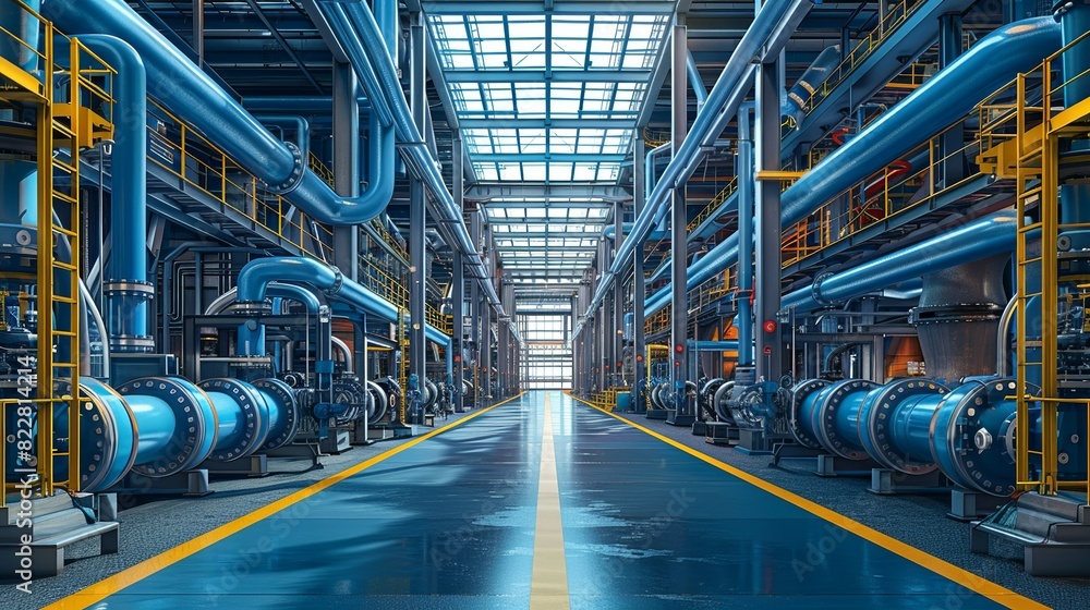 Obraz premium Industrial Background, Interior view of a chemical plant with pipes running along the walls and ceiling, showcasing the organized complexity of the facility. Illustration image,