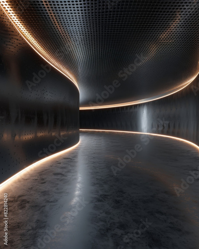 A long, narrow hallway with a shiny, metallic floor