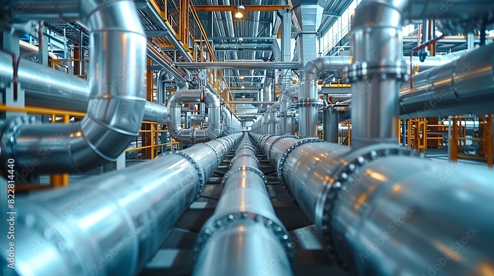 Industrial Background, Pipes and conduits running along the ceiling of a modern factory, with a focus on the symmetry and precision of the installation. Illustration image, Industrial Background, Pipes and conduits running along the ceiling of a modern factory, with a focus on the symmetry and precision of the installation. Illustration image,