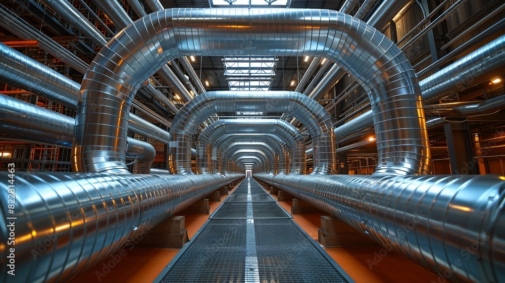 Industrial Background, Pipes and ducts in a HVAC system of a large ...