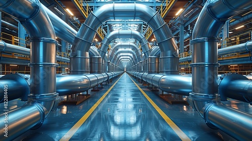 Industrial Background, Pipes and conduits running along the ceiling of a modern factory, with a focus on the symmetry and precision of the installation. Illustration image, photo