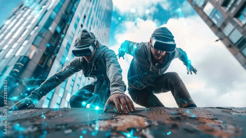 Two parkour athletes work in tandem using their augmented reality devices to create virtual handholds and footholds on a concrete building. Two parkour athletes work in tandem using their augmented reality devices to create virtual handholds and footholds on a concrete building.