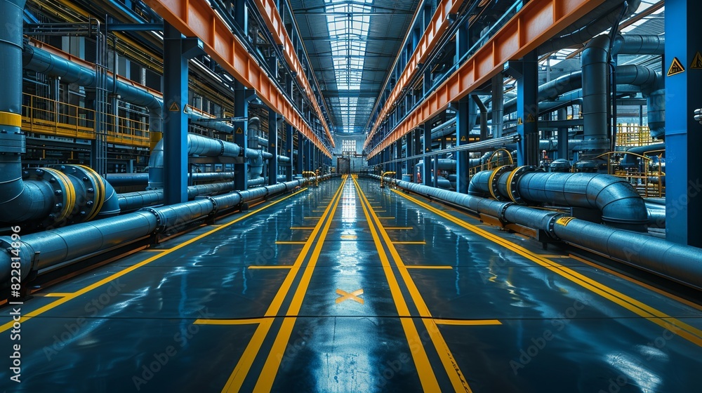 Industrial Background, Pipes running through a factory with bright yellow safety markings, showcasing the attention to safety and organization. Illustration image,