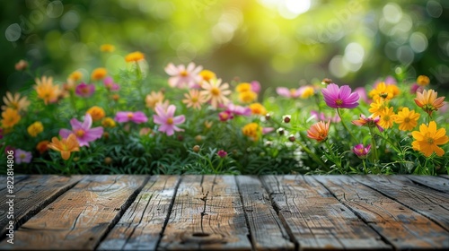 Rustic Wooden Desk with Colorful Flowers in a Serene Garden Setting