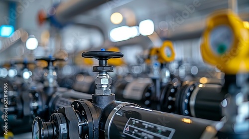 Industrial Background, Pipes and valves in a water treatment plant, with clear labeling and control panels, emphasizing the technical aspects of water management. Illustration image,