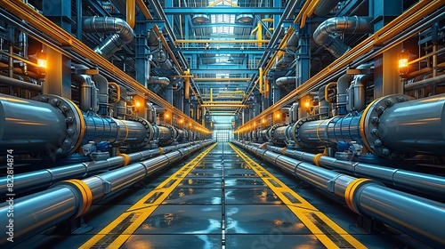 Industrial Background, Pipes running through a factory with bright yellow safety markings, showcasing the attention to safety and organization. Illustration image, photo