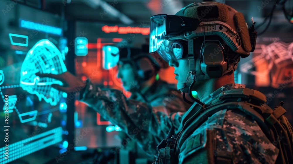 custom made wallpaper toronto digitalIn a dimly lit room a team of soldiers strategize together as they work through a VR military simulation communicating and coordinating their movements.