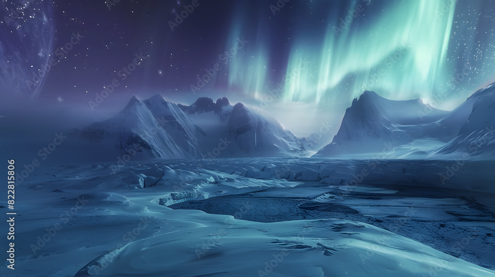 Majestic northern lights over snowy mountain landscape