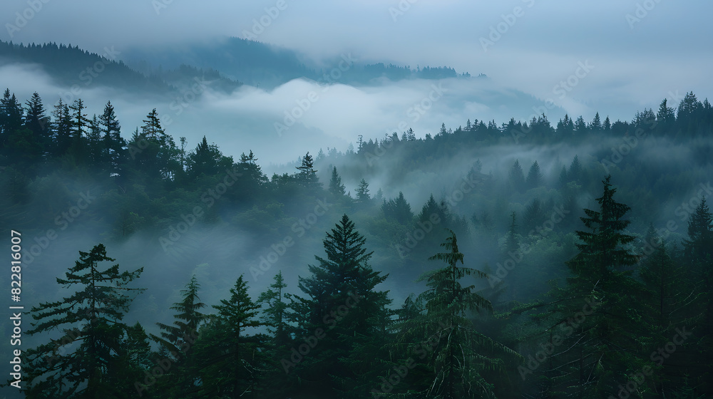 Enigmatic evening scene of a dense forest shrouded in mist