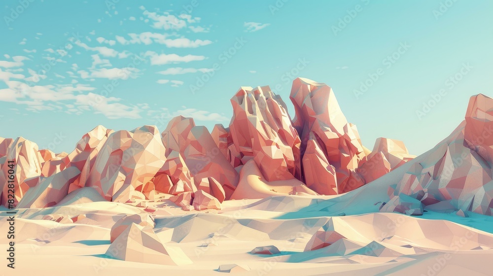 Create a soft, low poly desert landscape with gentle pastel dunes singular rock formations. Create a soft, low poly desert landscape with gentle pastel dunes singular rock formations.