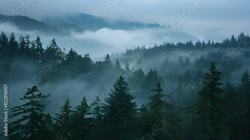 Enigmatic evening scene of a dense forest shrouded in mist photo