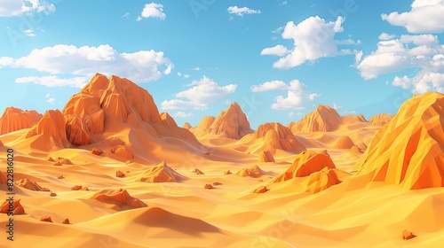 Create a soft  low poly desert landscape with gentle pastel dunes  singular rock formations.