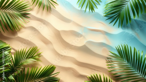 Sunny Tropical Beach Banner with Palm Leaves and Sand for Summer