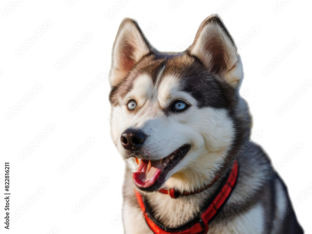 Funny and playful husky or pet dog is playing and jumping and looks happy isolated on transparent background. Little husky dog pretending. Cute and happy crazy dog ​​head smiling on transparent png