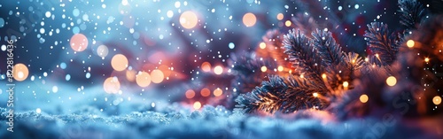 New Year Purple Firework Panorama with Snowflakes and Bokeh Lights © hisilly