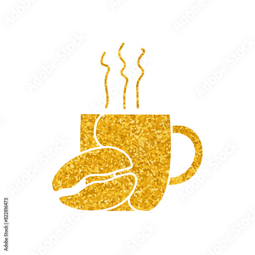 Drinking cup and coffee bean drawing in gold color style