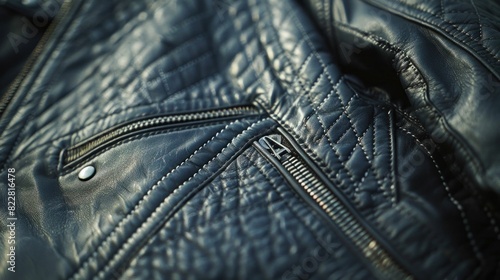Stylish black leather jacket with zippers closeup detail for fashion and beauty concept