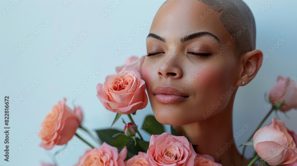 Serene Bald Woman with Pink Roses on White Background