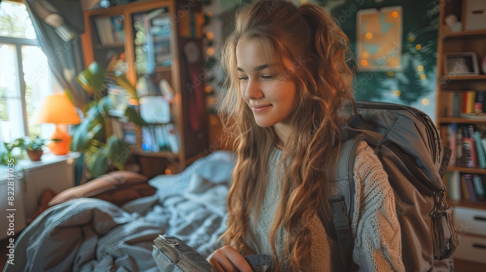 Teenager getting ready for school, packing a school bag in the bedroom Teenager getting ready for school, packing a school bag in the bedroom