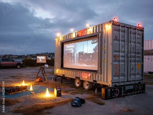 A large container with a projector screen and a small screen inside. The container is lit up and surrounded by a few objects #822817045