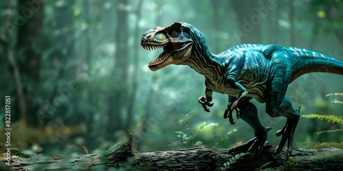 Velociraptor midleap over log in forest focused and ready to strike. Concept Dinosaur Photography  Velociraptor  Action Shots  Wildlife in Forest  Prehistoric Creatures