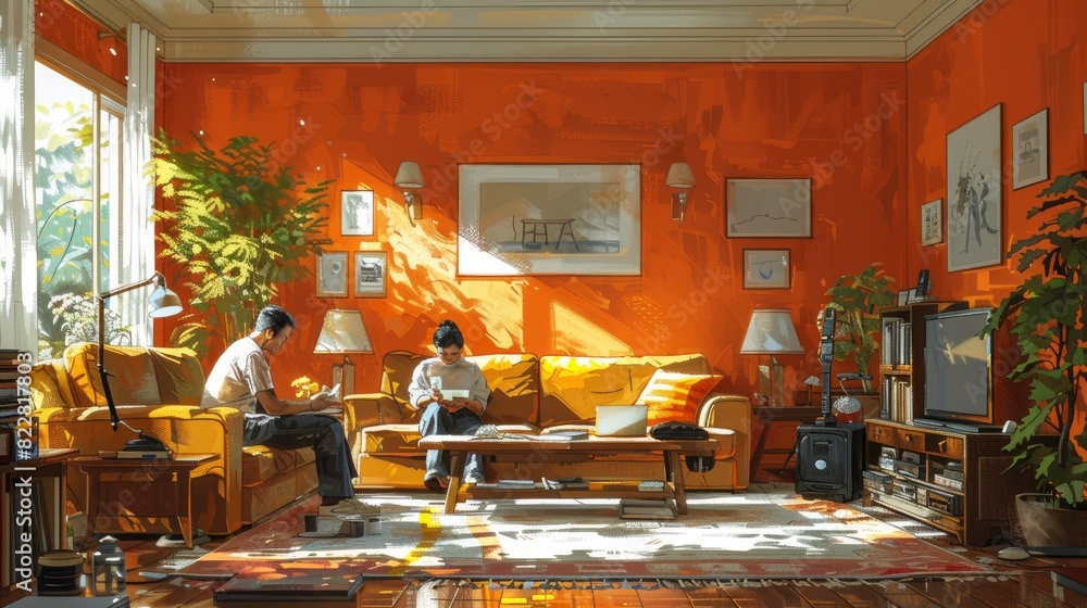 Family members sitting in the living room, each engaged in different activities Family members sitting in the living room, each engaged in different activities