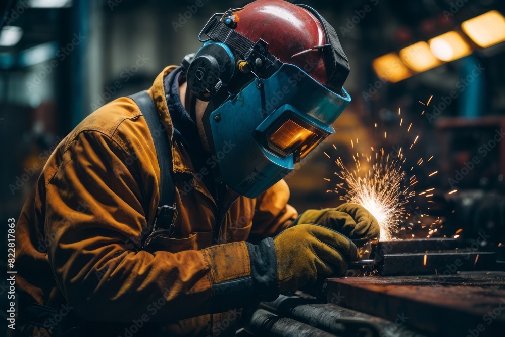 welder is welding metal with safety suit in factory industry welder is welding metal with safety suit in factory industry